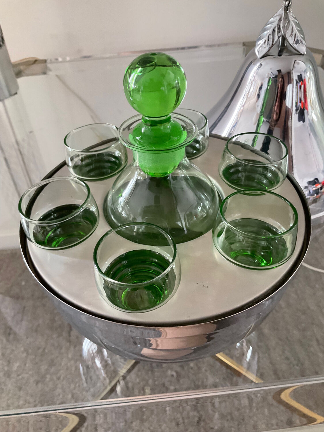 Vintage pear liqueur service in silver metal 70s