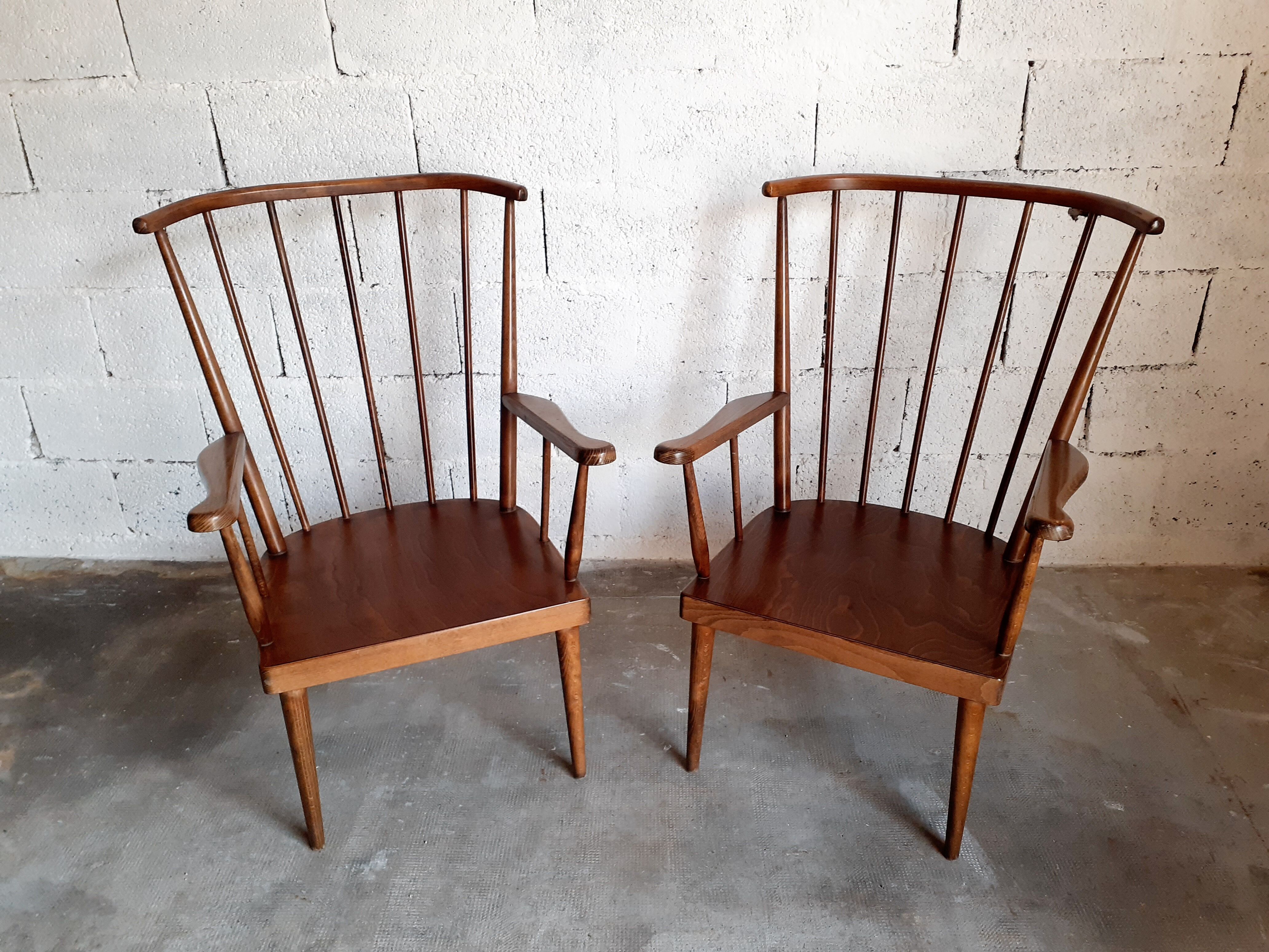 Pair of vintage wooden armchairs Baumann model Fan 60s