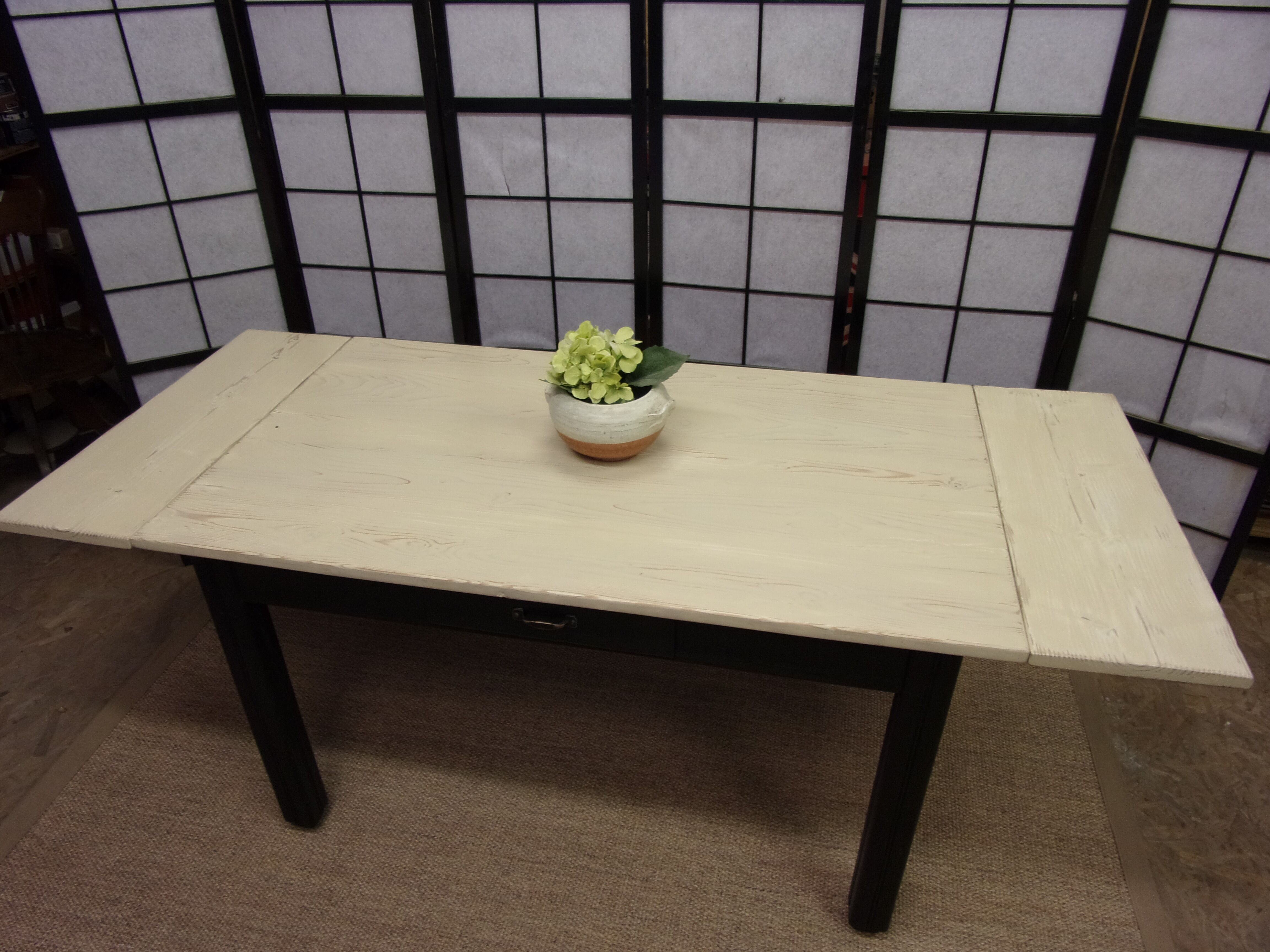 Farm table, dining, oak and pine patinated black and pale yellow