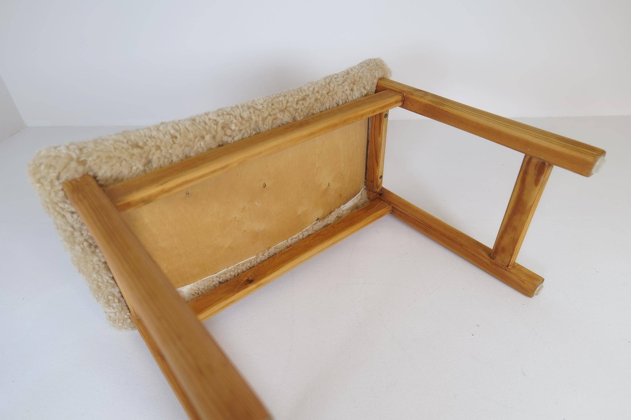 Modern Scandinavian stool in pine and sheepskin, Sweden, 1970s