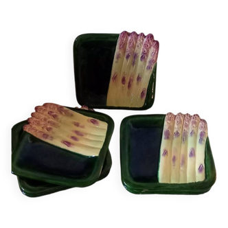 Assiettes à asperges carrées en barbotine par Marcel Guillot, set de 8.