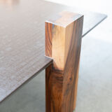 Handcrafted coffee table with ceramic glass top and walnut legs