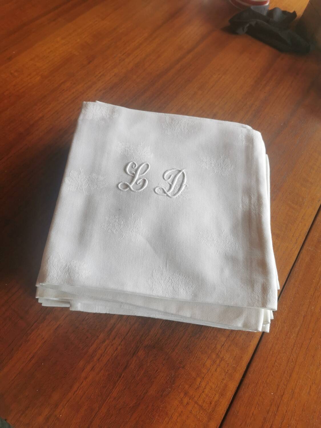 12 old damask linen towels monogrammed LD