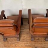 PAIR OF BRUTALIST ARMCHAIRS IN TEAK AND VINTAGE COGNAC LEATHER FROM THE 1950S