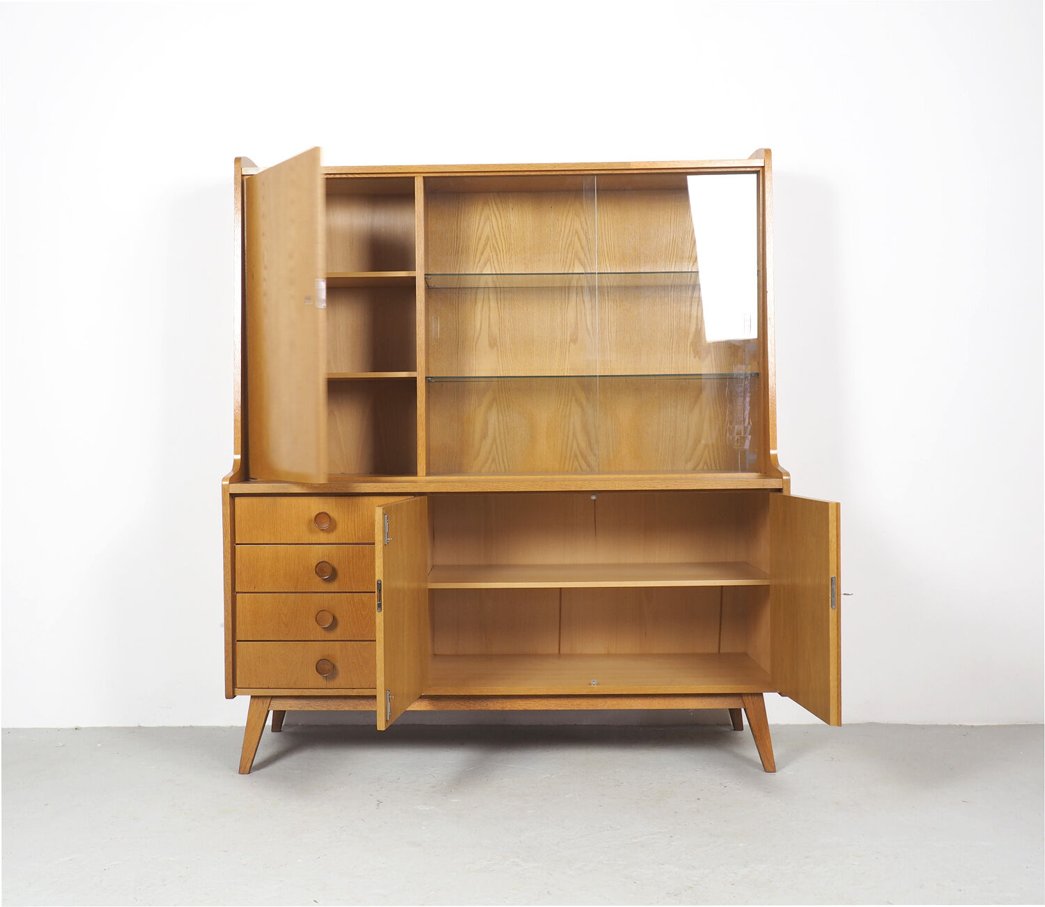Vintage German Oak Buffet With Showcase, 1960's