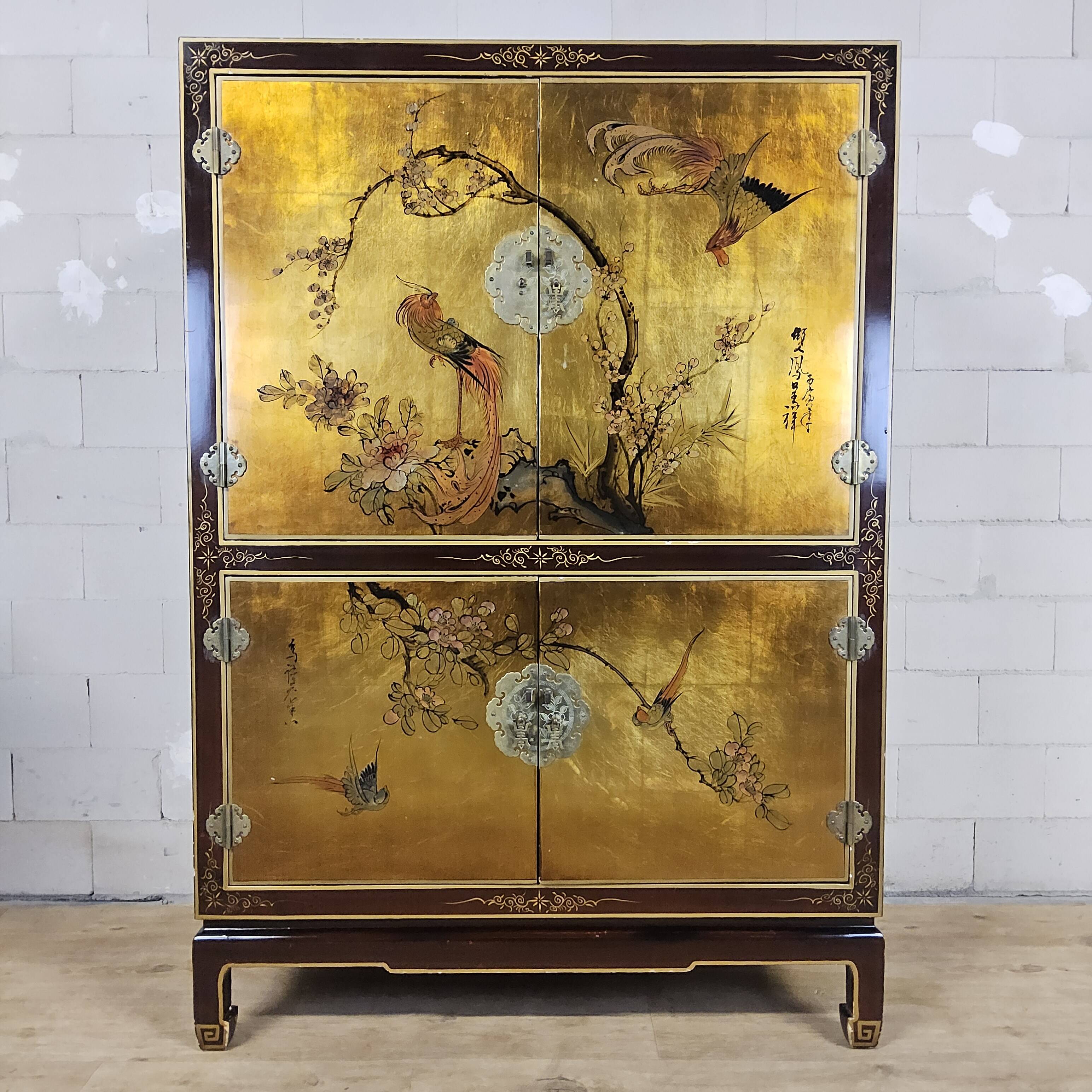Vintage Chinese cabinet gold leaf / flowers and birds / bohemian