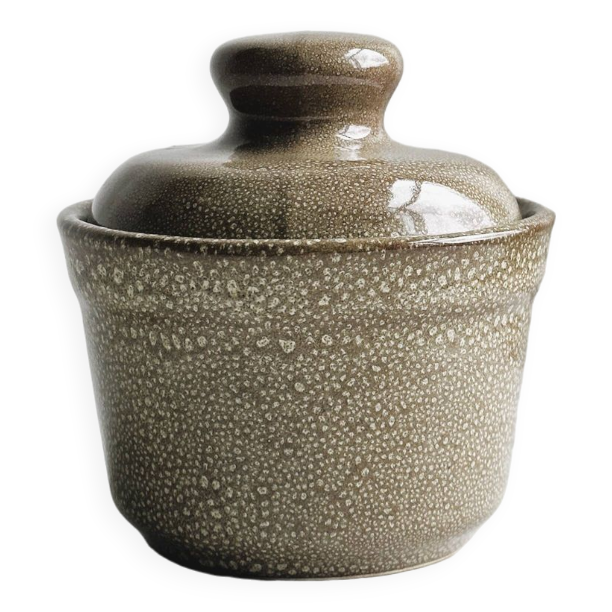 Gray and white speckled ceramic pot.