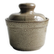 Gray and white speckled ceramic pot.