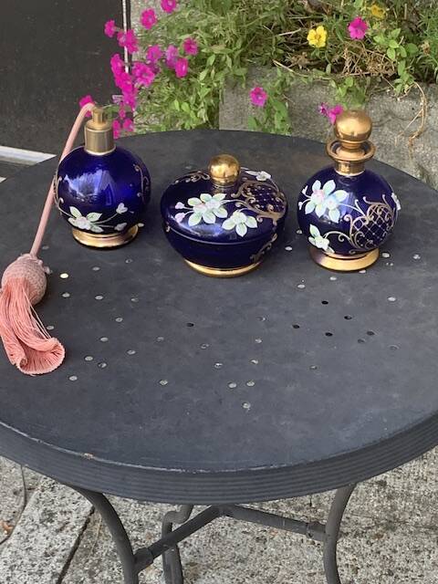 Perfume bottles, in hand-painted blue Bohemian crystal, antique.
