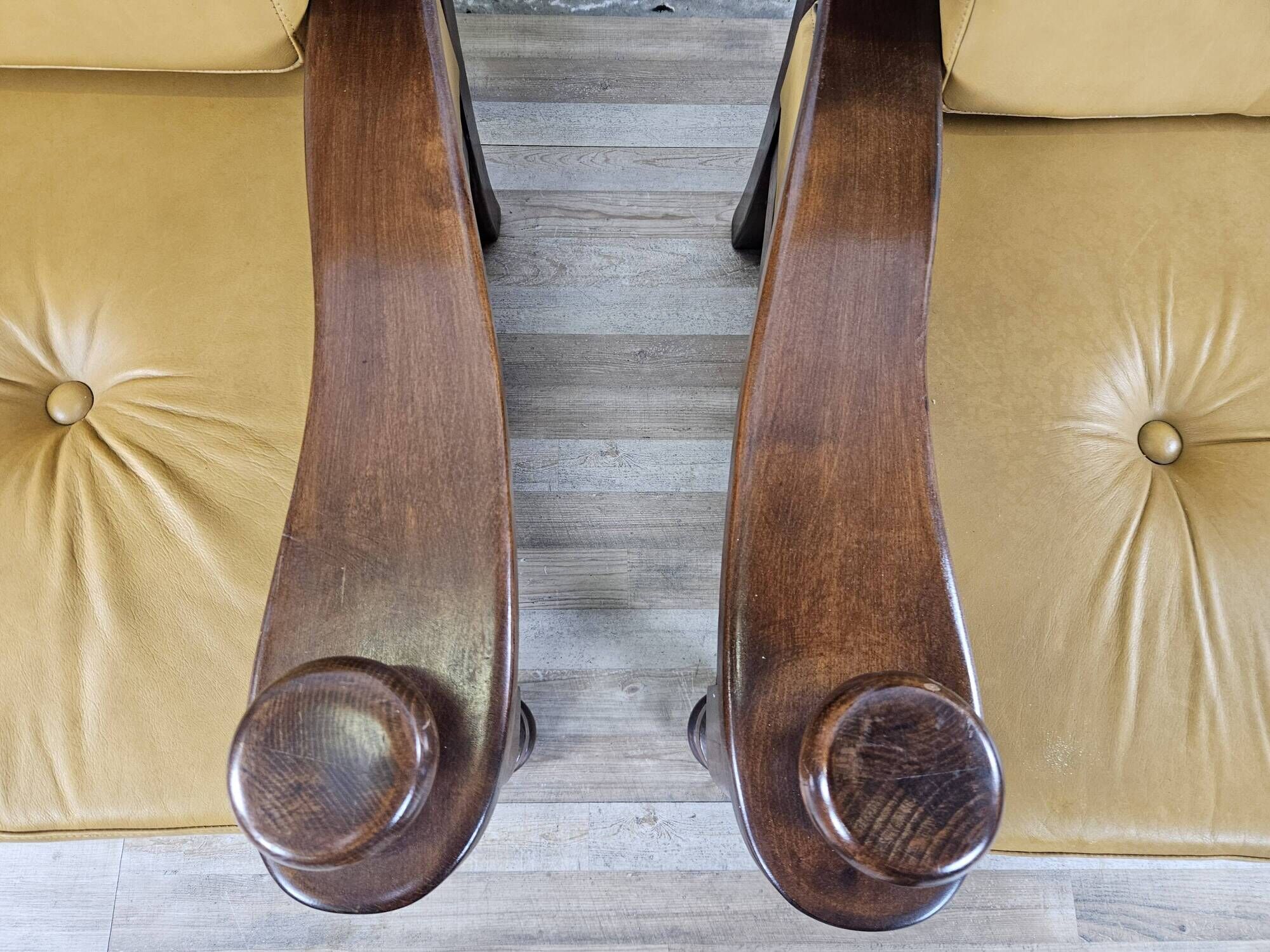 1980s leather and solid wood armchairs