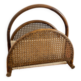 Magazine rack in curved wood, fabric and canework