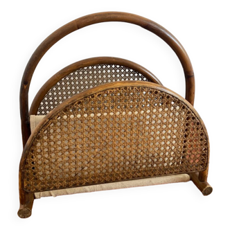 Magazine rack in curved wood, fabric and canework