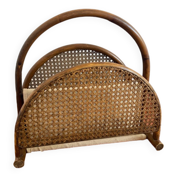 Magazine rack in curved wood, fabric and canework