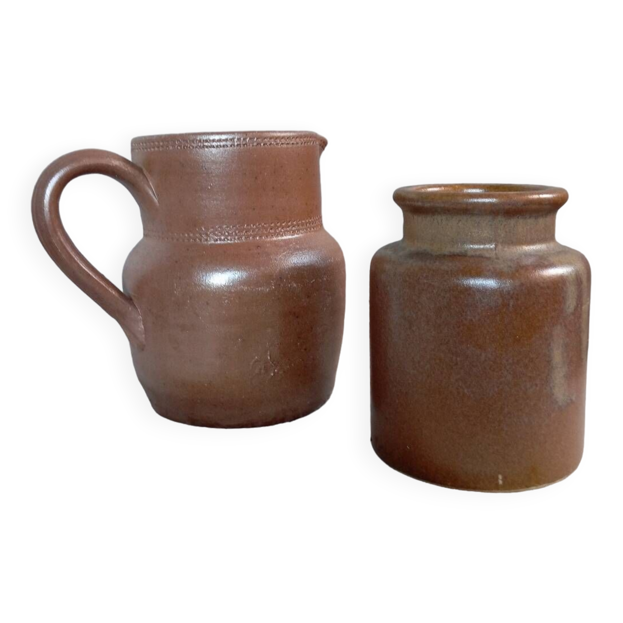 Duo of stoneware ceramic, pitcher and pot, vintage
