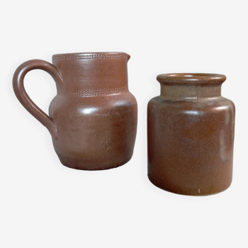 Duo of stoneware ceramic, pitcher and pot, vintage
