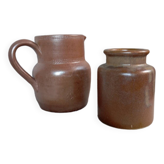 Duo of stoneware ceramic, pitcher and pot, vintage