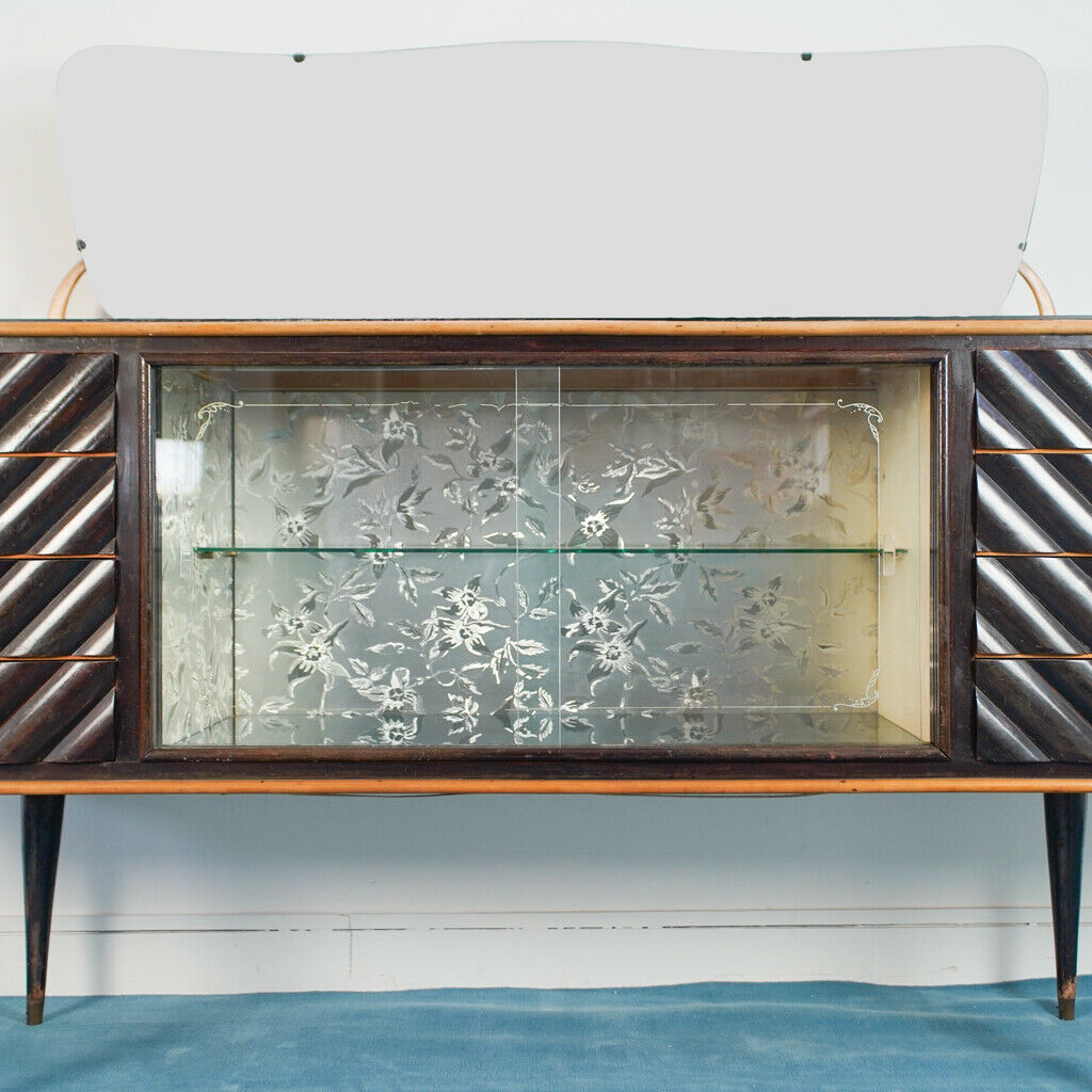 Dark wood sideboard glass design 1950s vintage modernariate