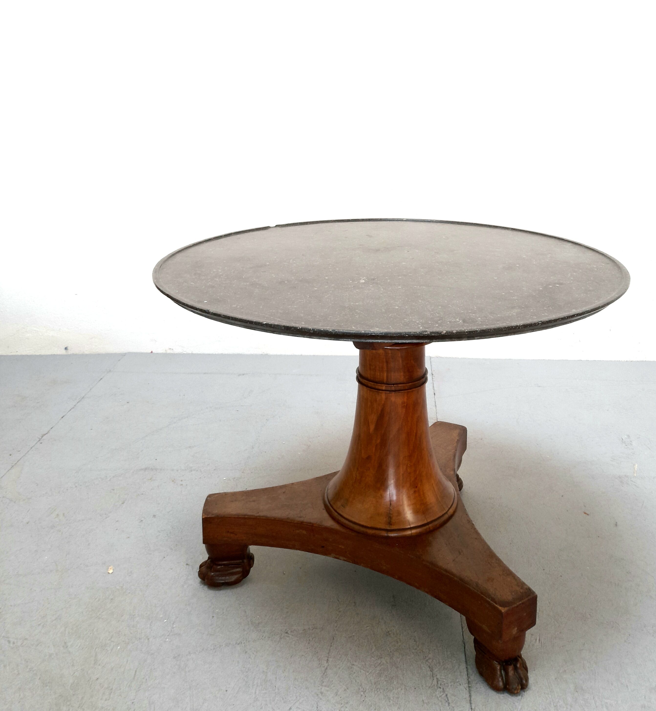 Neo-classical pedestal table in walnut and black marble - French work from the 1930s