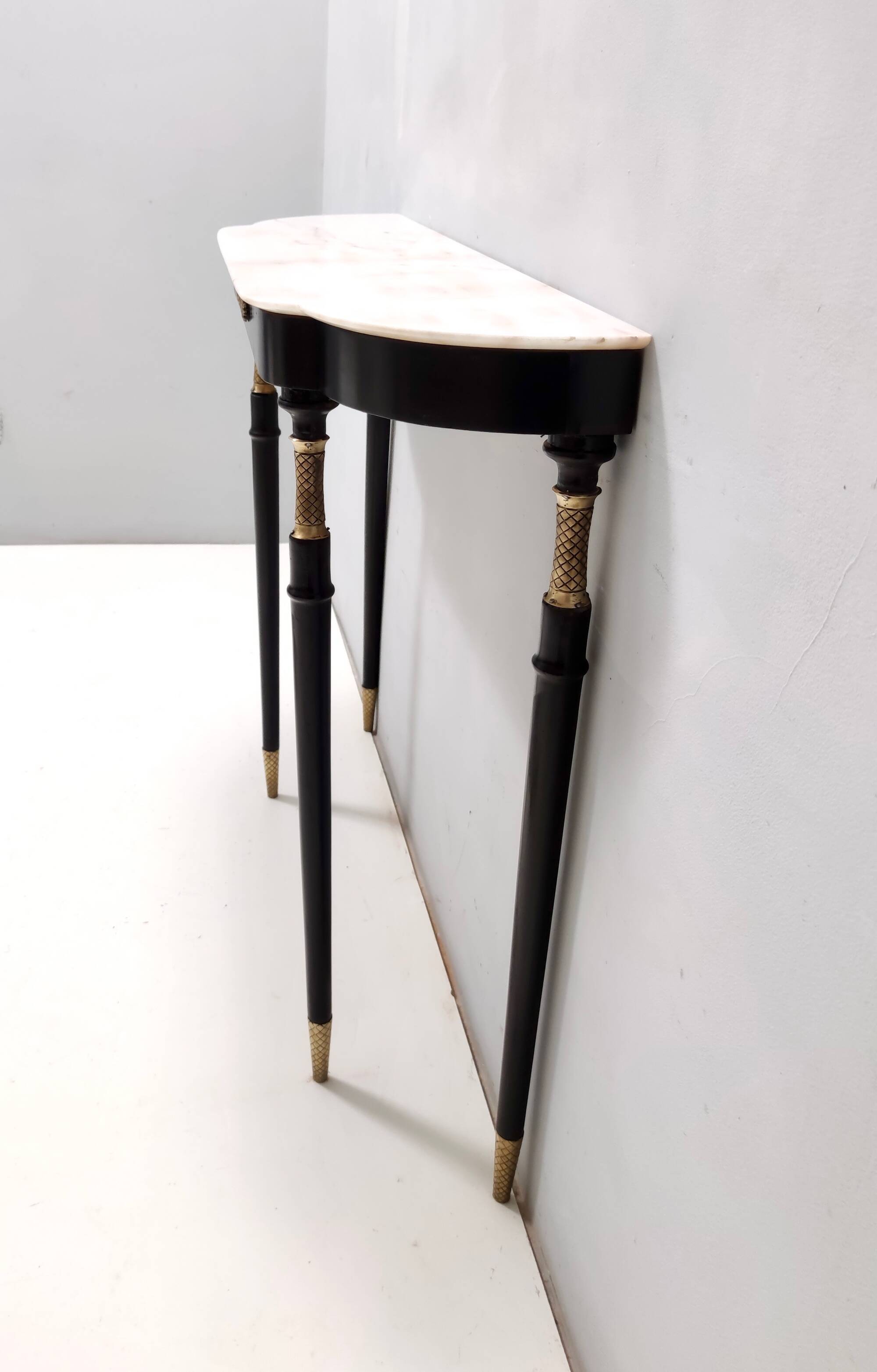 Vintage black lacquered beech console with a portuguese pink marble top, italy