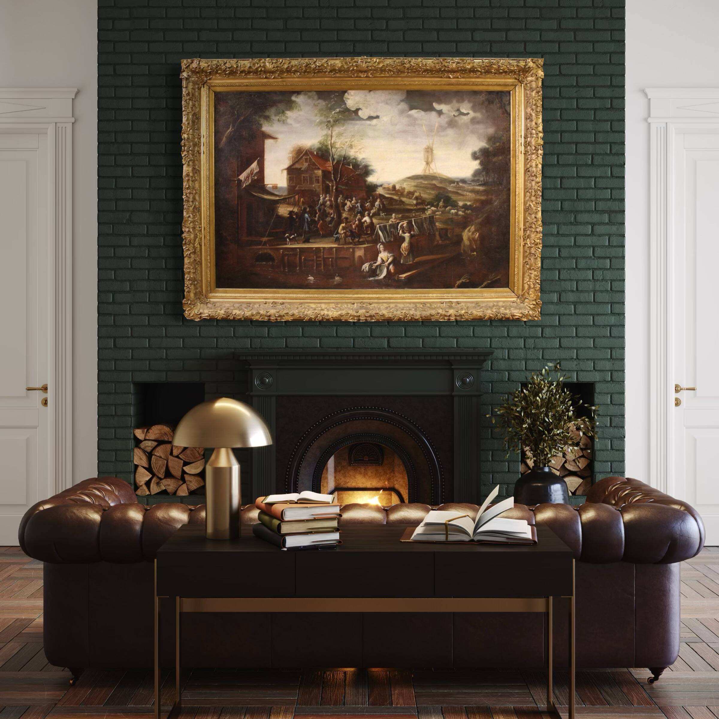 Grand tableau de paysage flamand du XVIIe siècle, fête de village