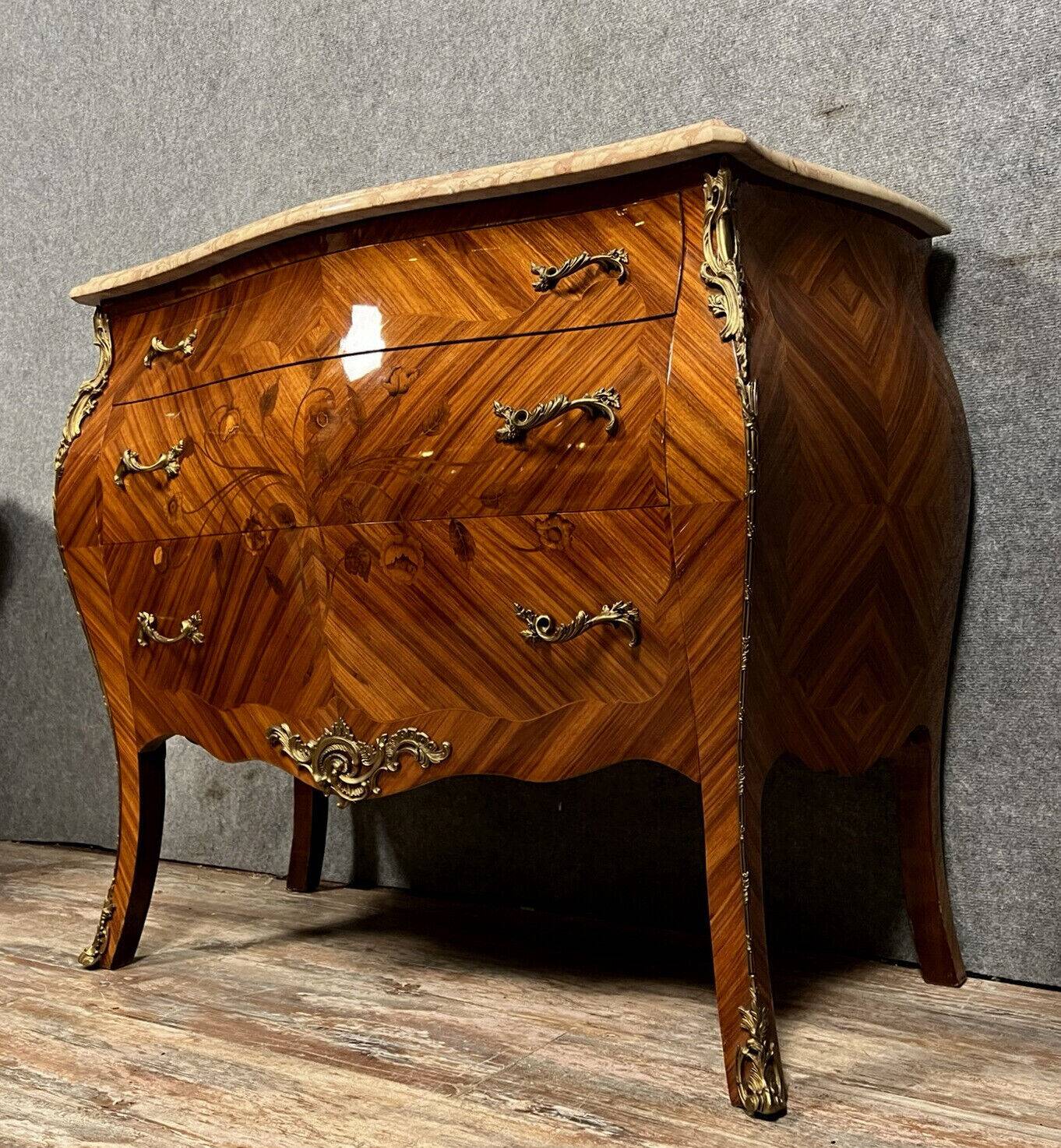 Curved Louis XV style chest of drawers in marquetry, 20th century period