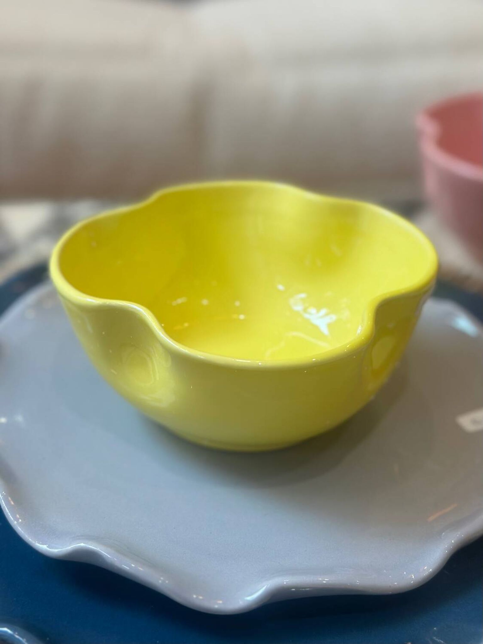 Handmade enameled ceramic bowl, lemon yellow pop clover flower