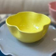 Handmade enameled ceramic bowl, lemon yellow pop clover flower