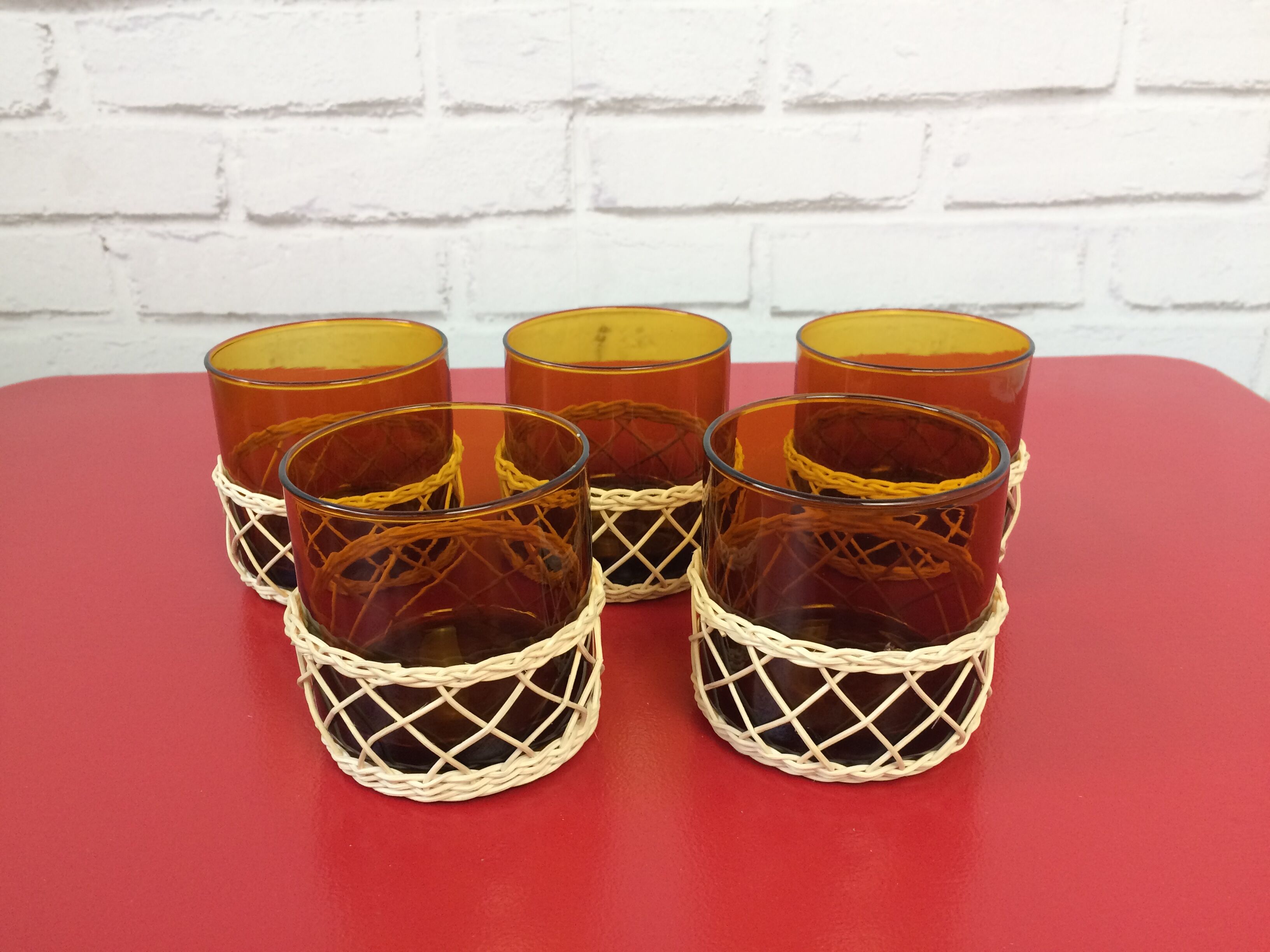 Lot of 5 amber and rattan glass