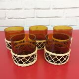 Lot of 5 amber and rattan glass