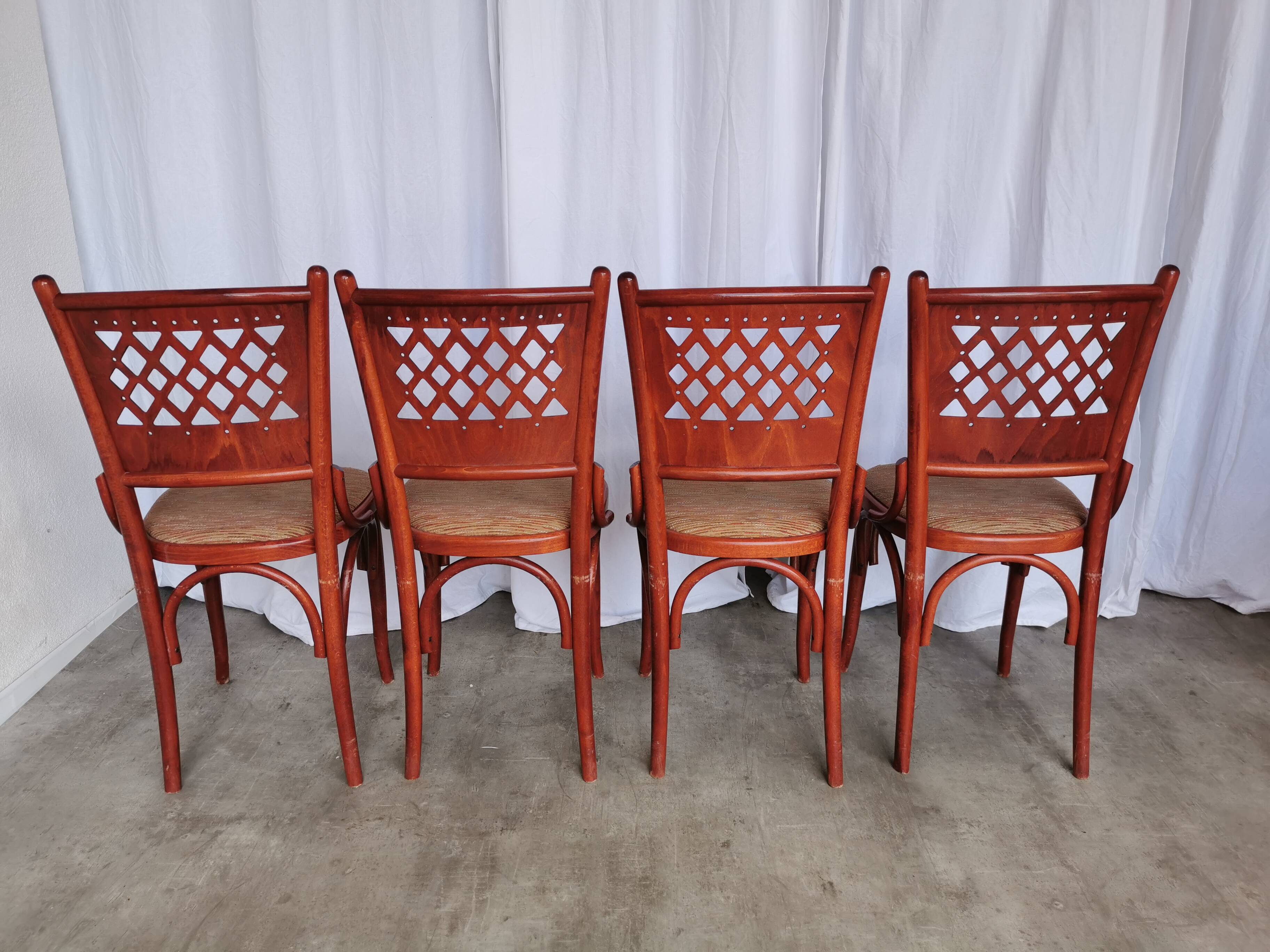 Vintage Italian Bistro Chairs - 1980s Reddish Wood, Brown Fabric - Set of 4