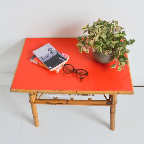 Petite table basse / Table d’appoint / Bout de canapé bambou et rotin 1960s