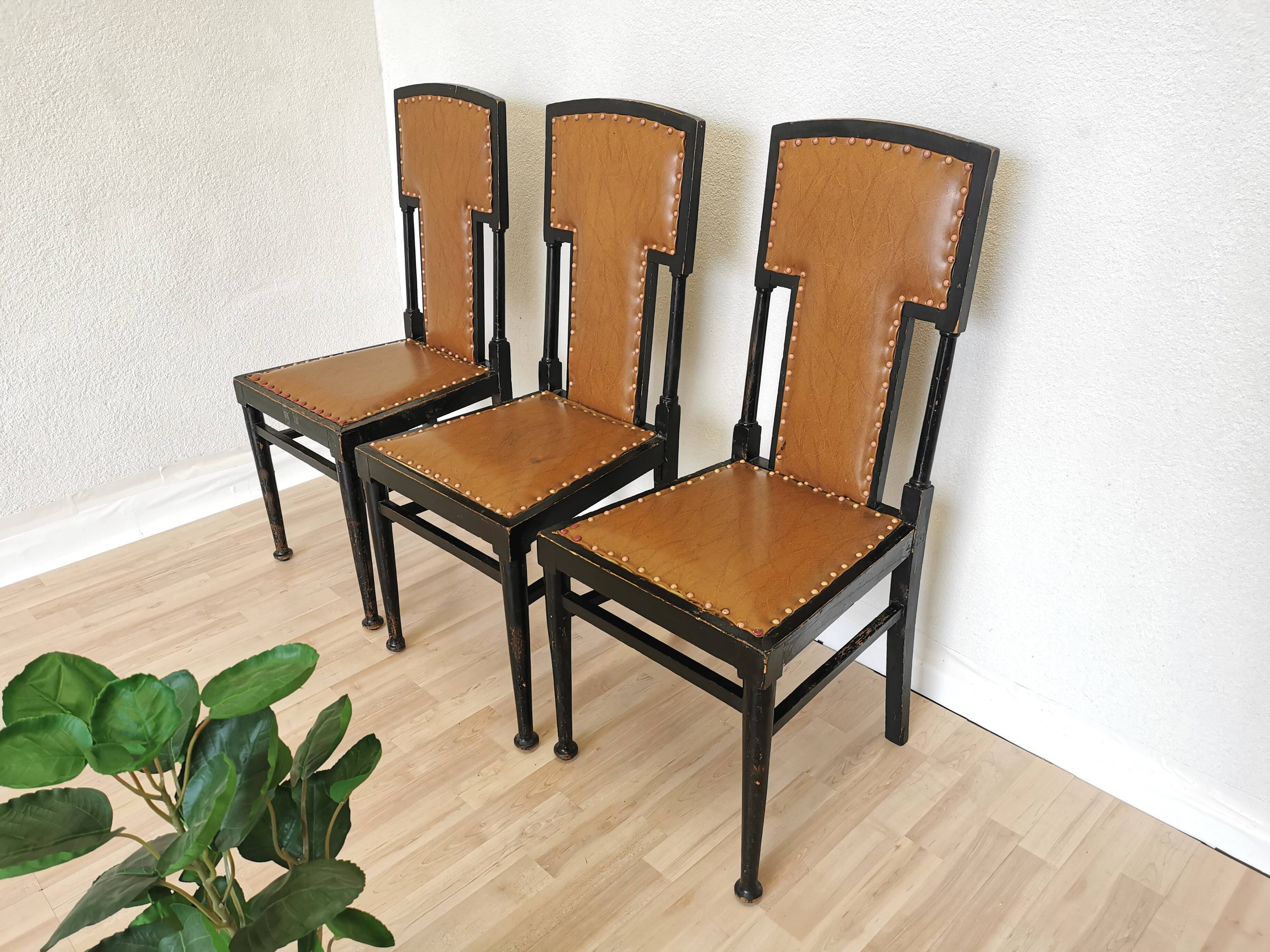 Set of 3 Vintage Dining Chairs: High Back, Leather Seat, Nailhead Trim