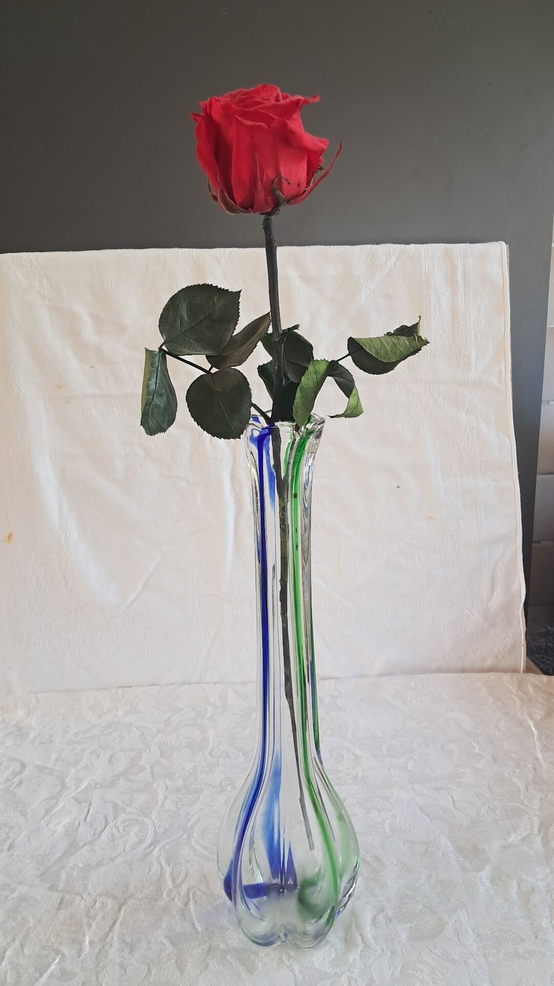 Vintage Murano glass filigree soliflore vase in blue and green.