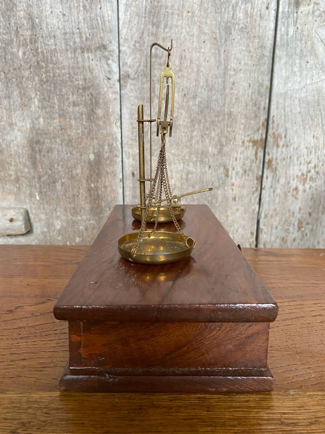 Antique trebuchet precision scale gilt bronze + wooden box + weight