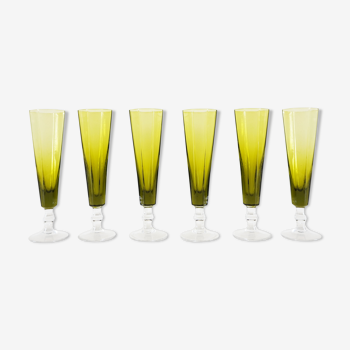 6 Flûtes à champagne vintage en verre vert
