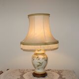 Table lamp with wooden base and fringed shade
