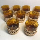 Service ancien jus carafe et ses 9 verres verre moulé orange