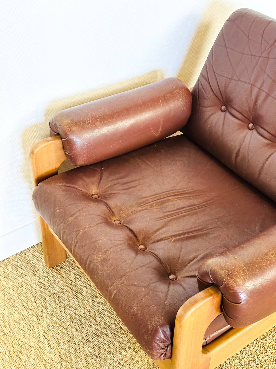 Vintage Scandinavian leather and teak armchair 1960