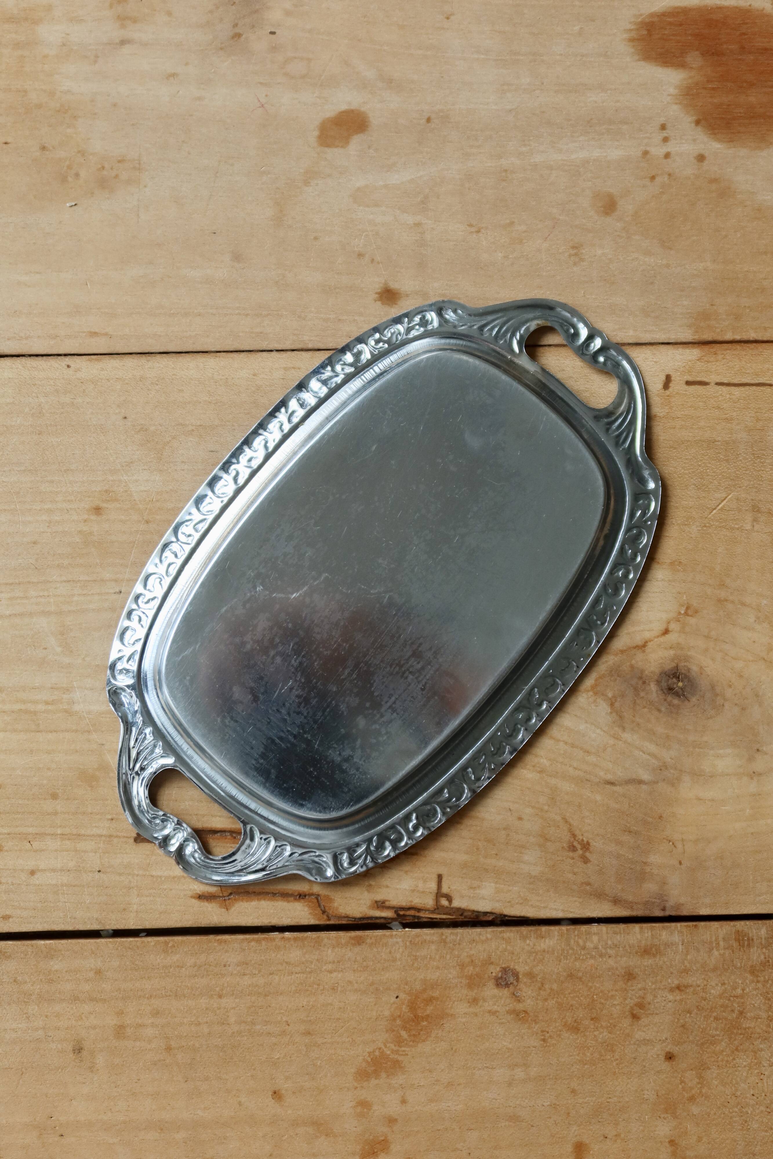 Mini vintage silver metal tray with floral border