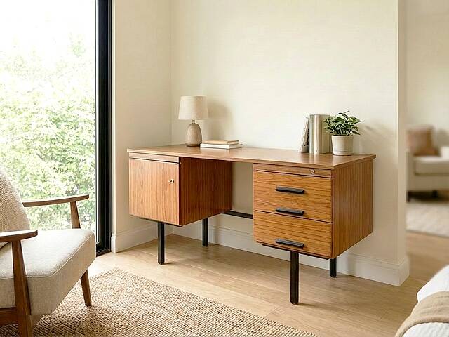 Modernist desk with double drawers in formica and metal, 1960.