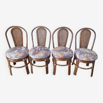 Set of 4 rattan / bamboo chairs and canning with cushions 50-60s