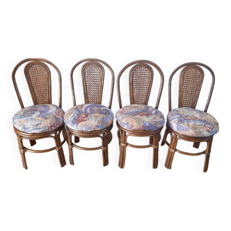 Ensemble de 4 chaises en rotin / bambou et cannage avec coussins années 50-60