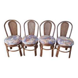 Set of 4 rattan / bamboo chairs and canning with cushions 50-60s