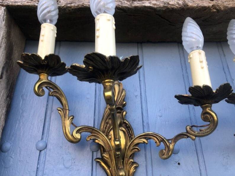 Pair of French Vintage Rococo Gilt Bronze Wall Sconces: Ornate 3-Arm Lamps