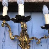 Pair of French Vintage Rococo Gilt Bronze Wall Sconces: Ornate 3-Arm Lamps