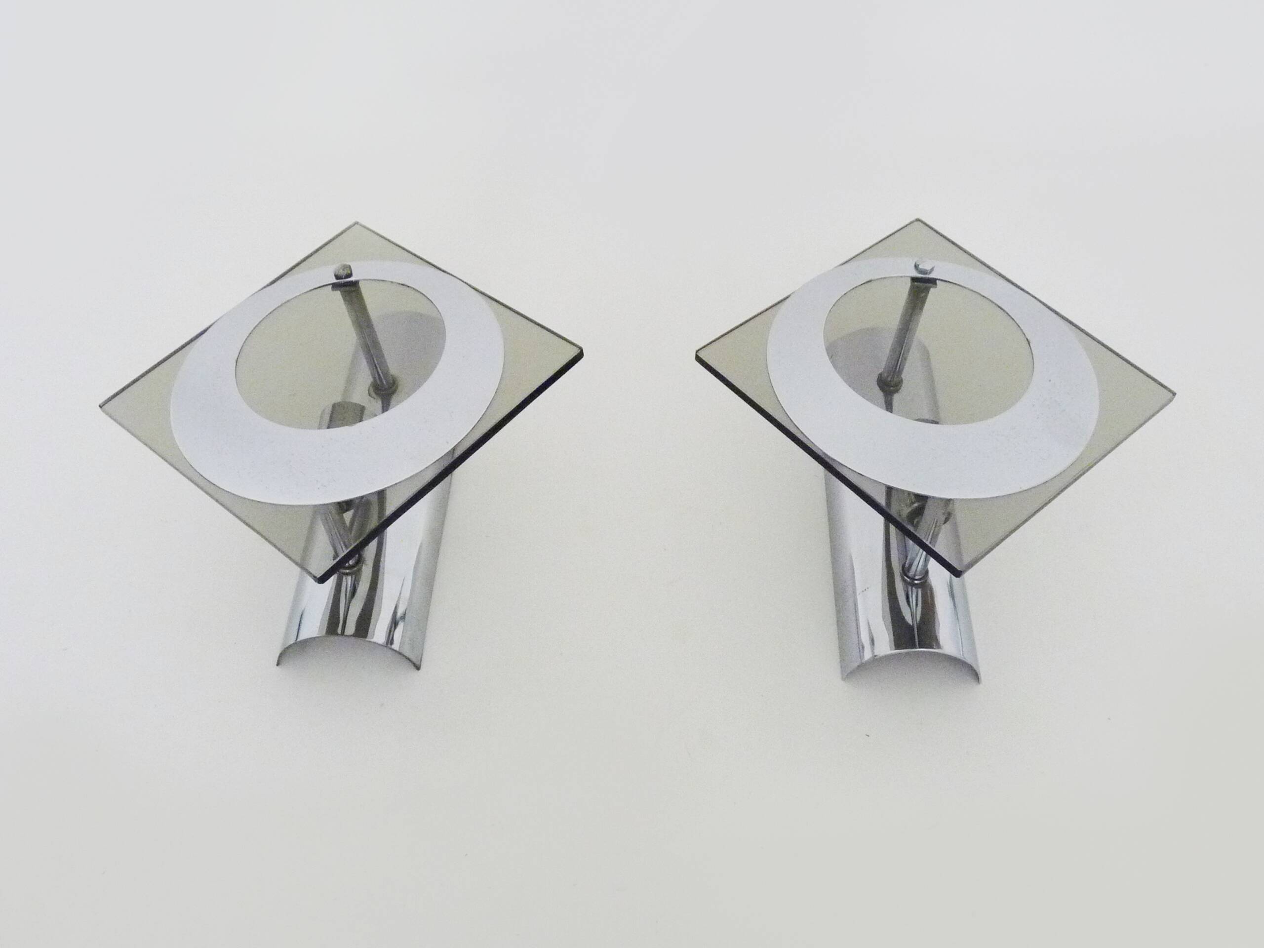 Pair of chrome metal and glass wall sconces, VECA Fontana Arte style.