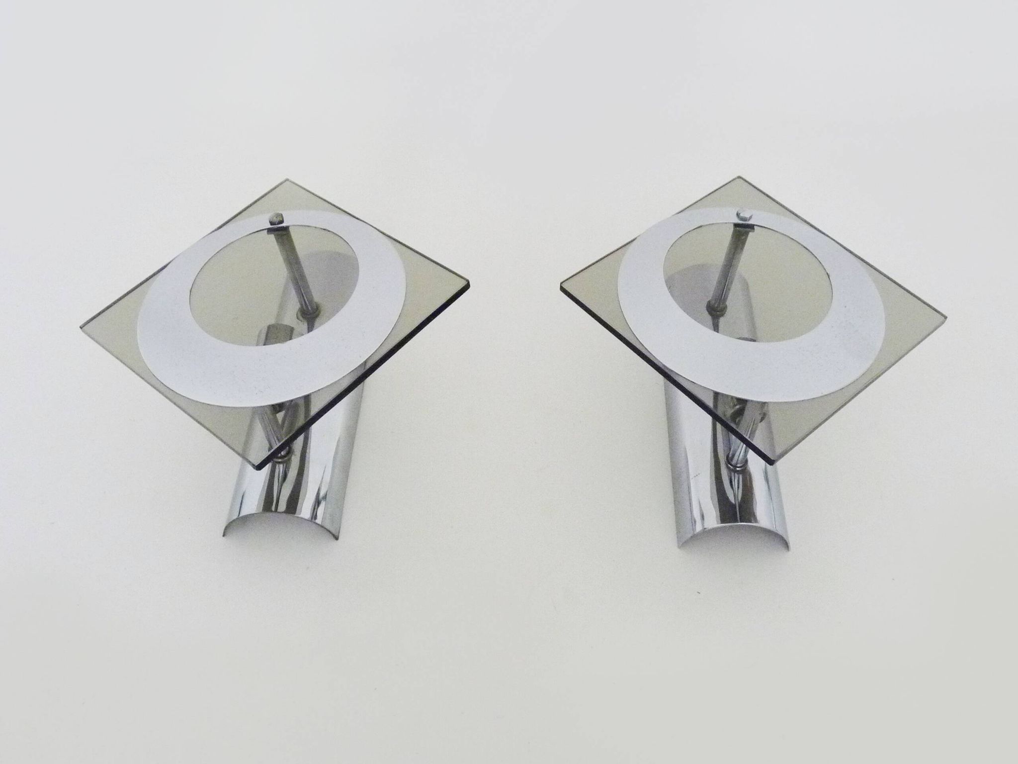 Pair of chrome metal and glass wall sconces, VECA Fontana Arte style.