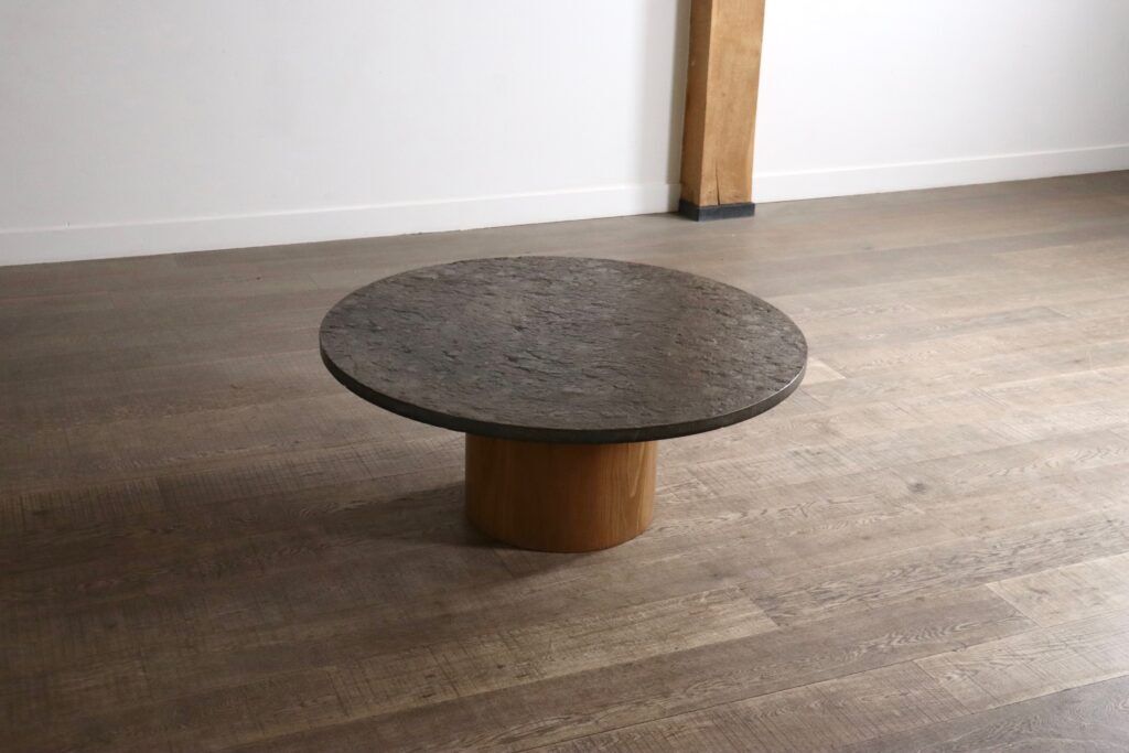 Peter Draenert studios coffee table in fossil stone and oak, Germany 1970s