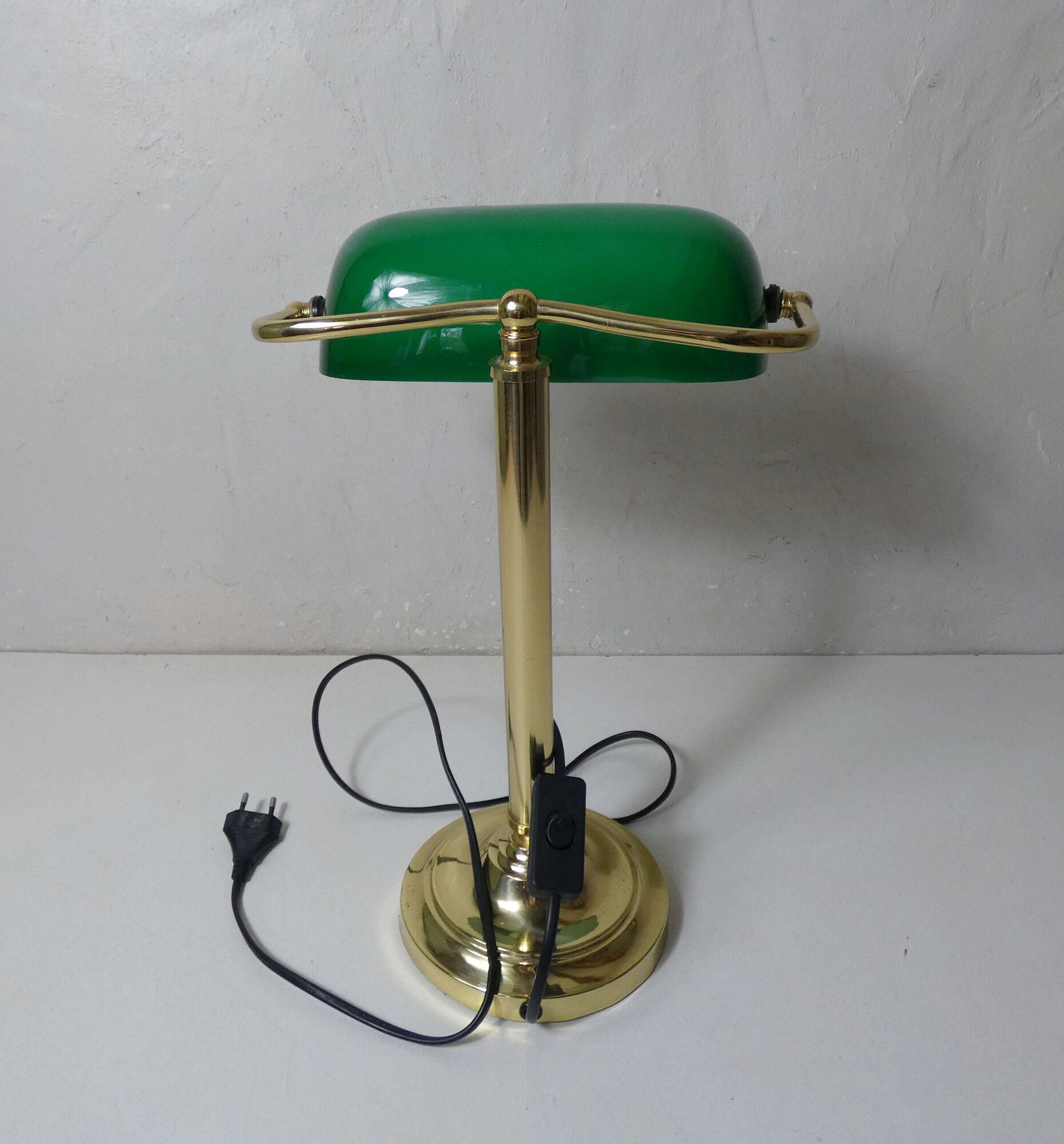 Brass green banker's lamp and vintage glass paste