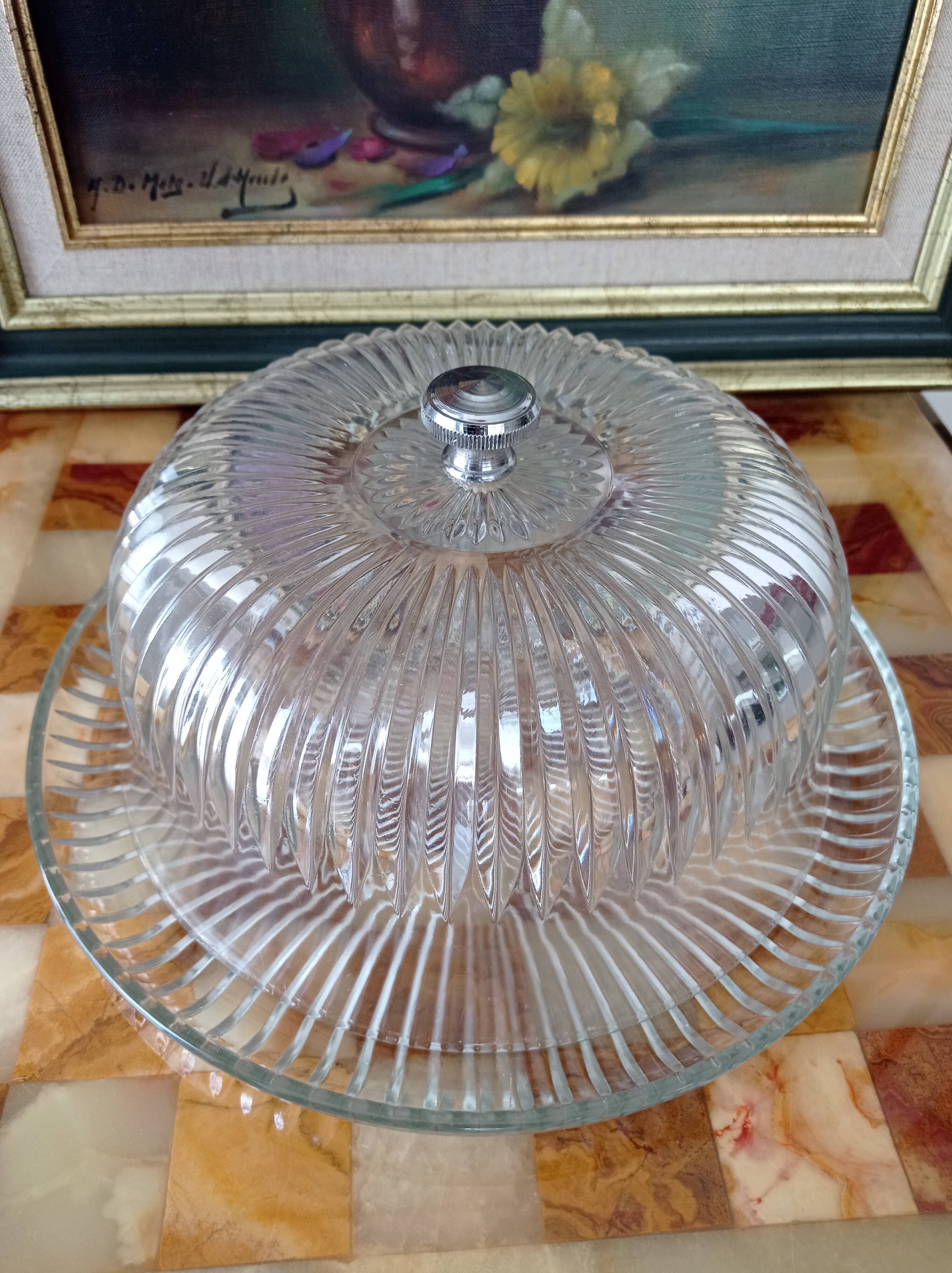 Vintage VMC Reims plat à gâteau et cloche en verre taillé